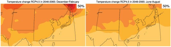 Temperature change in Eastern Asia by 2045-2065. (Original IPCC AR5 Fig. AI.56 & AI.57).