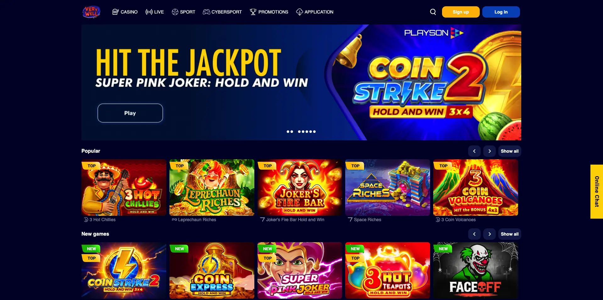 Screenshot of Verywell Casino promotional lobby showcasing free spin offers and game thumbnails